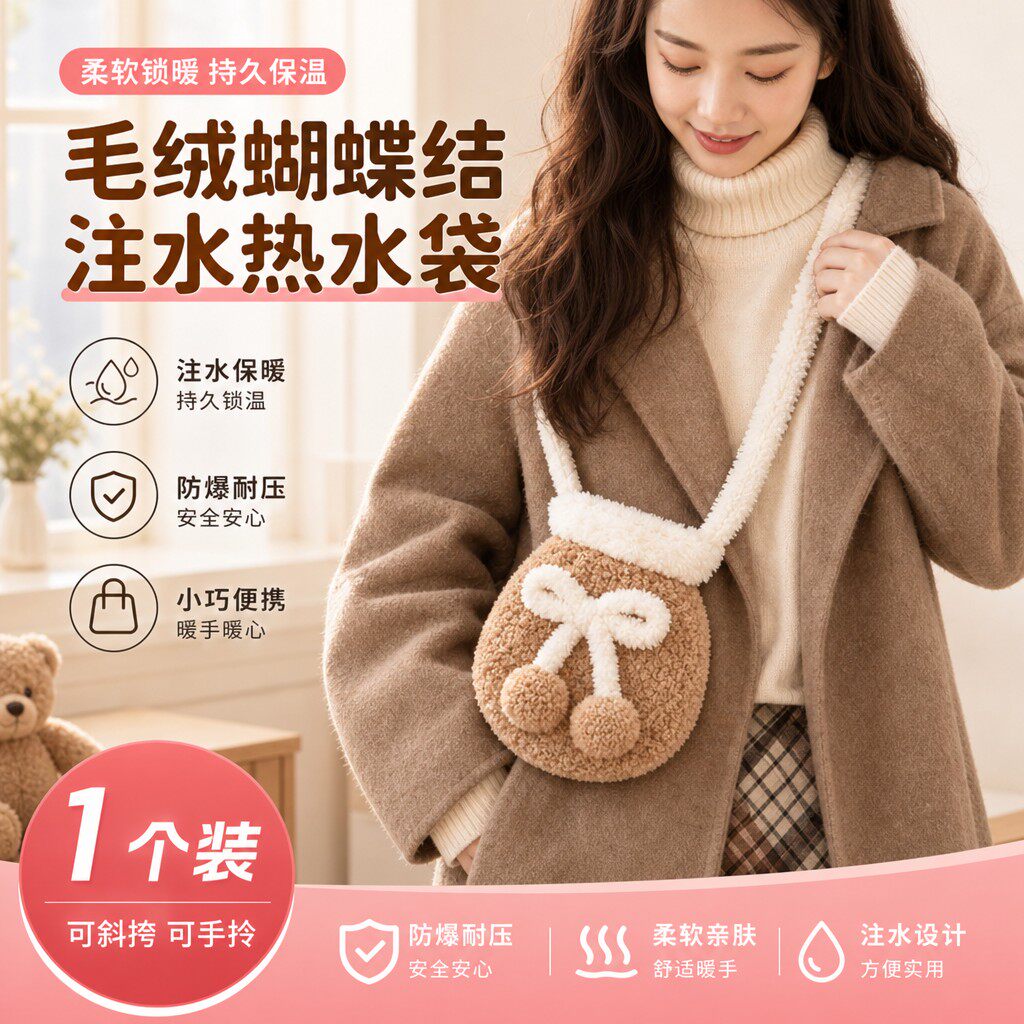 毛绒蝴蝶结注水热水袋可拆洗防烫