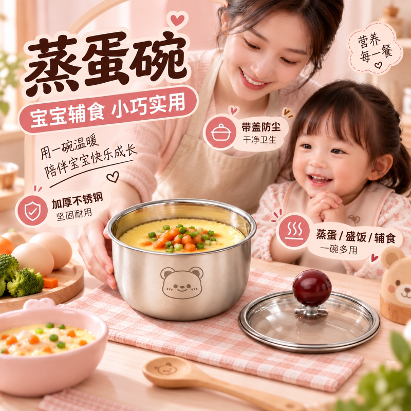 304不锈钢带盖可爱蒸蛋碗