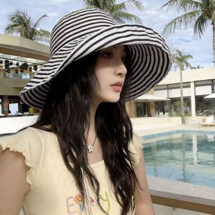 2026年夏季 优雅复古定制UV织带条纹大檐渔夫帽子女遮阳防晒帽 新款