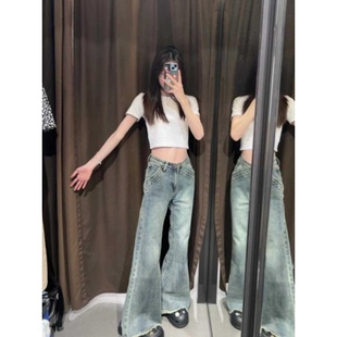 显瘦高腰微喇阔腿裤 设计感毛边水洗牛仔裤 学生百搭修身 新款 女冬季
