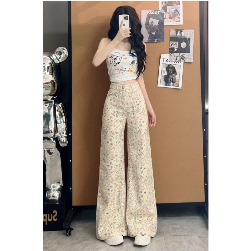 高街辣妹卡通涂鸦印花牛仔裤女夏季新款宽松显瘦高腰阔腿拖地裤子