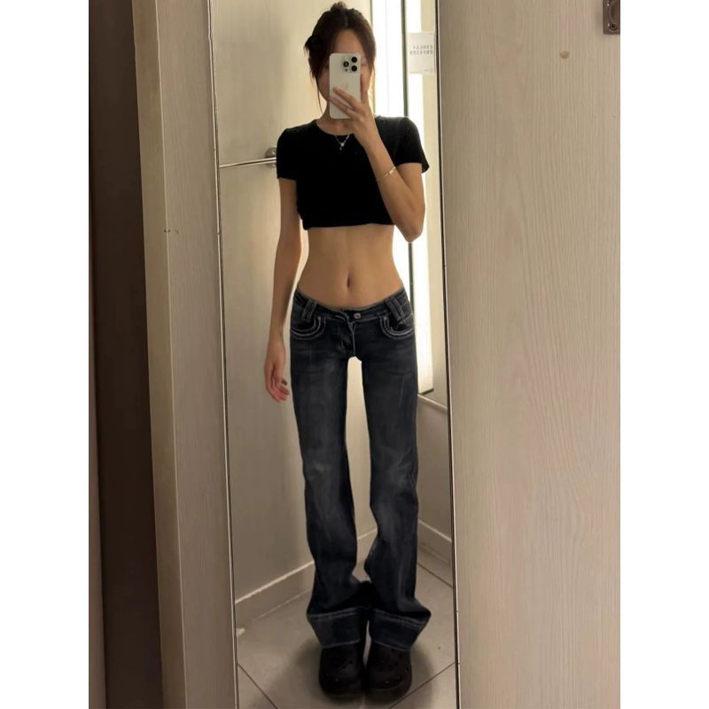 韩版复古蓝灰色牛仔裤女夏季新款