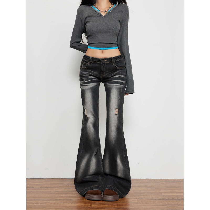 水洗做旧高腰牛仔裤女冬季新款潮