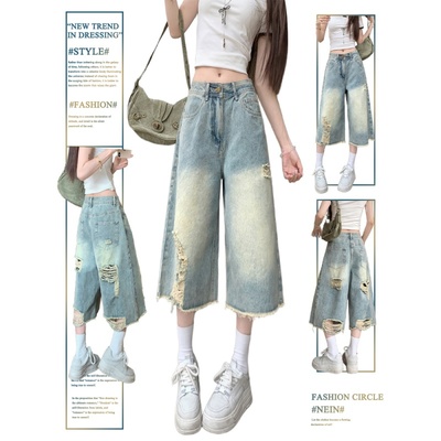 水洗做旧破洞牛仔七分裤女夏季潮