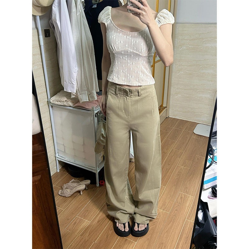 复古港风拼接阔腿牛仔裤女夏季2025新款垂感显瘦百搭卡其色弯刀裤