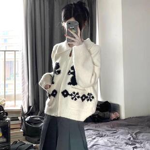 兔子提花翻领拉链衣外套女秋冬日复系古0001慵懒风撞软毛糯针色织