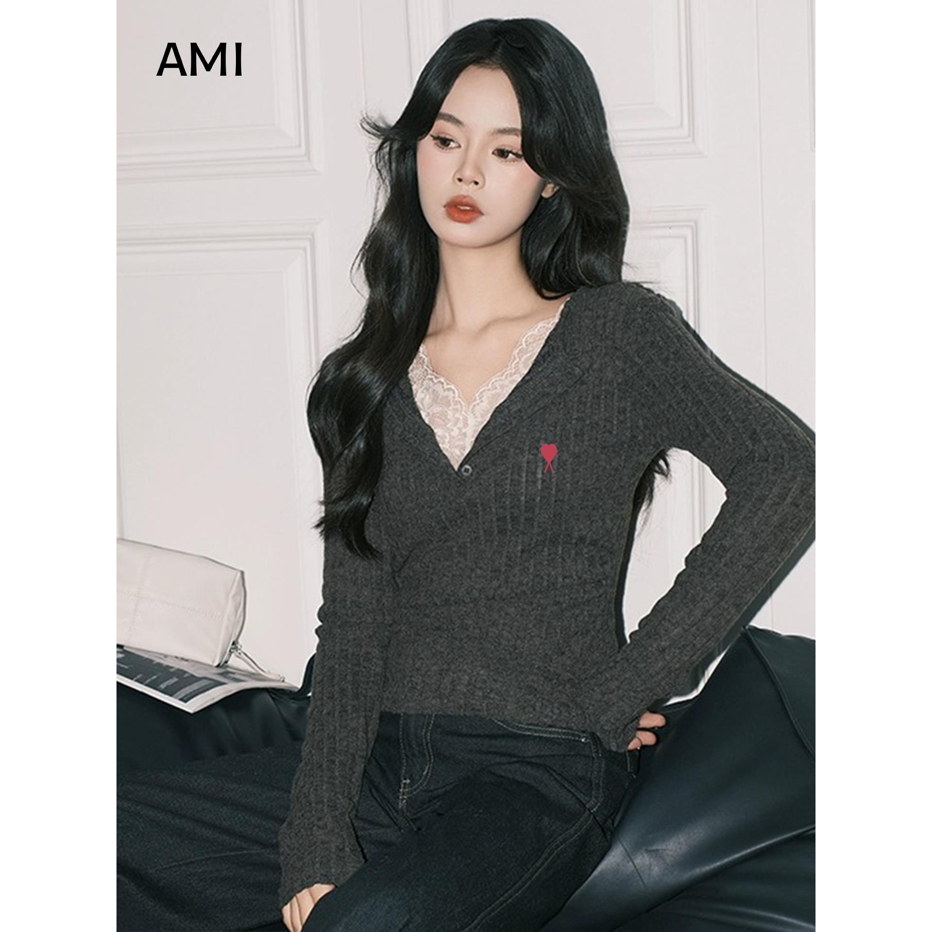 AMI美式灰色蕾丝假两件针