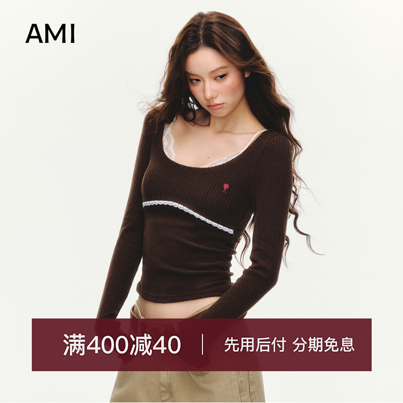 AMI美式复古蕾丝拼接针织