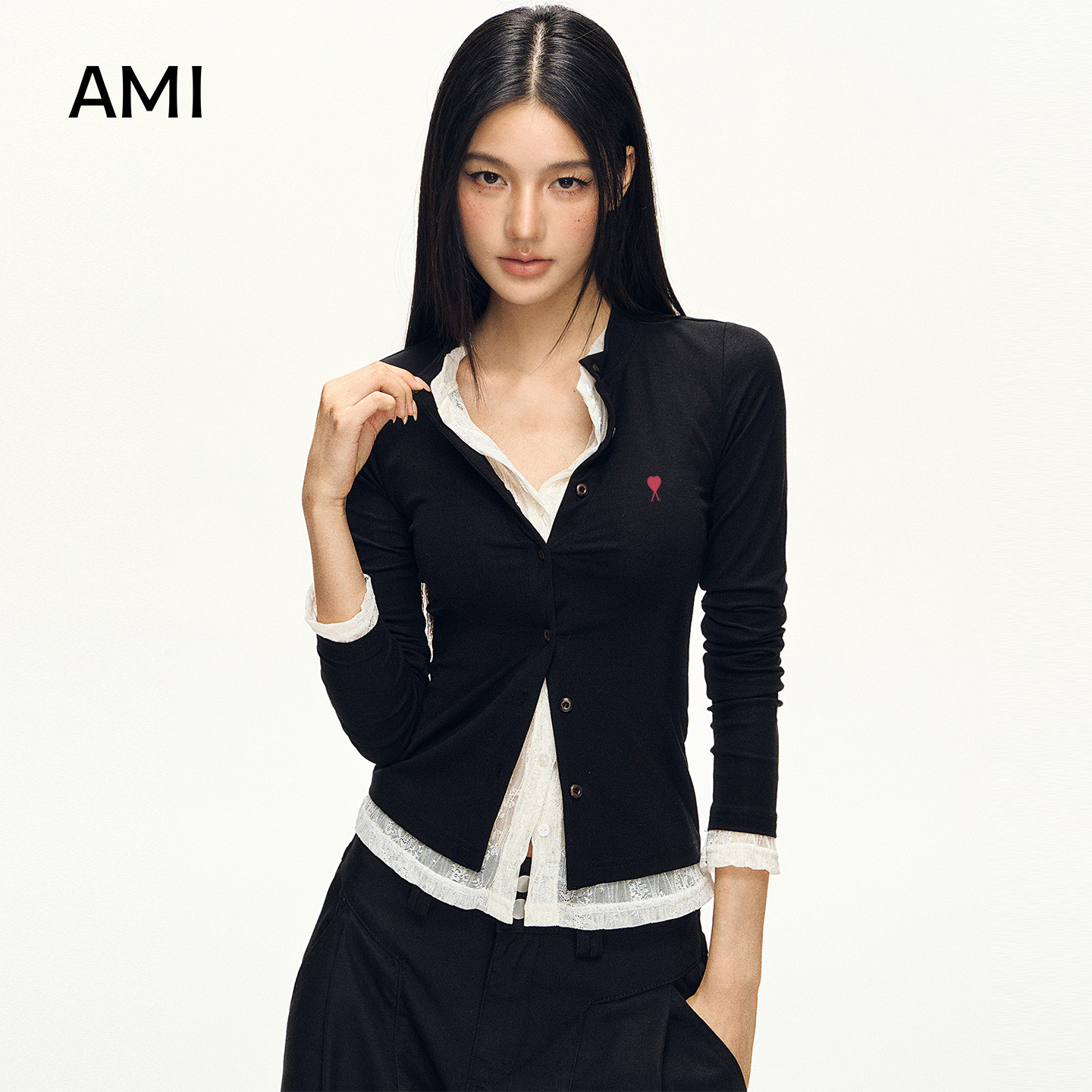 AMI美式黑色假两件蕾丝长