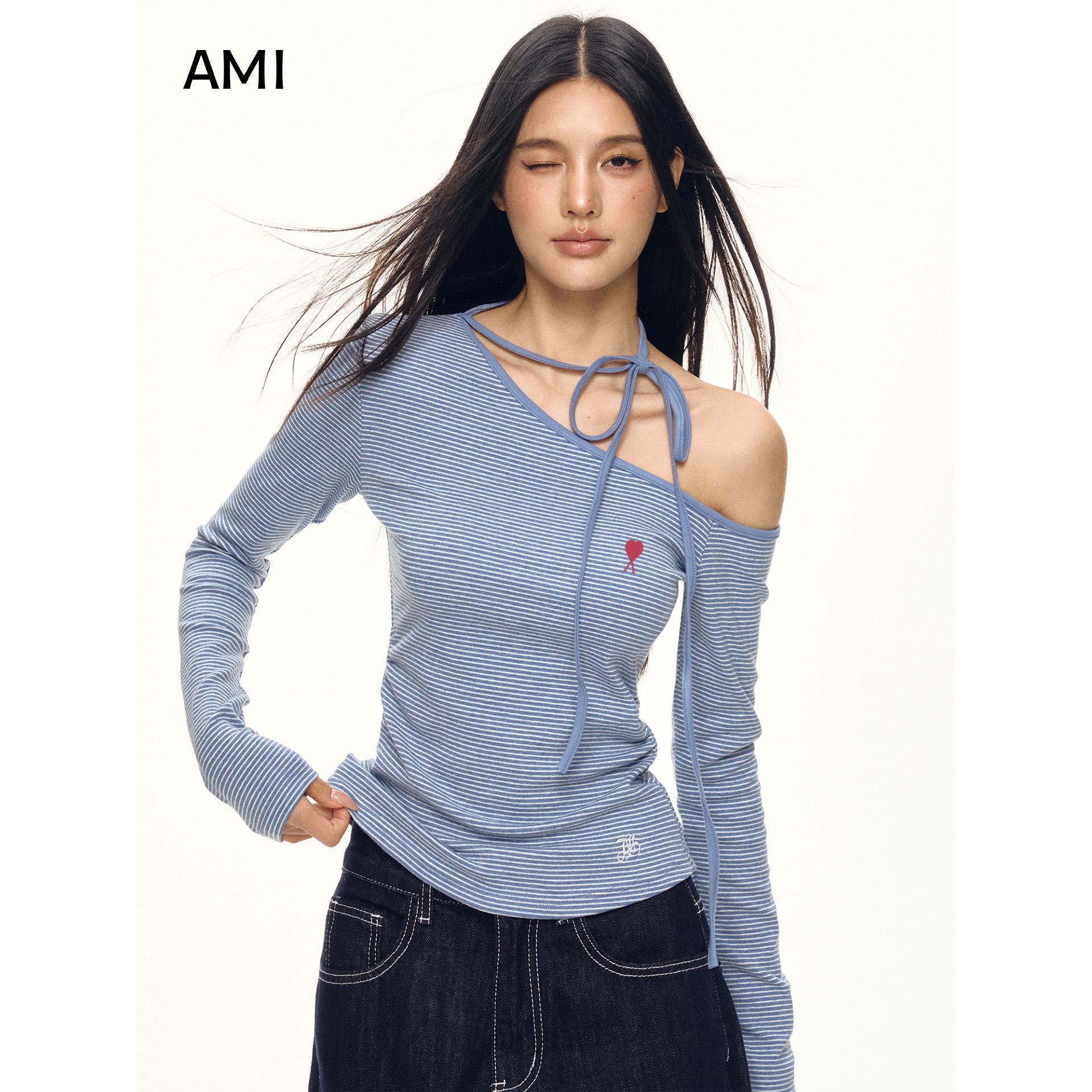 AMI美式蓝色条纹斜领露肩