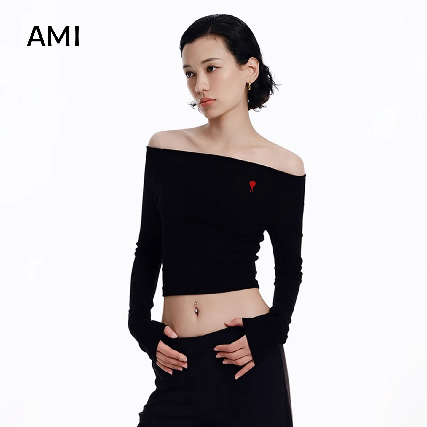 AMI2025美式一字肩露肩针织长袖T恤女春秋正品修身短上衣打底衫