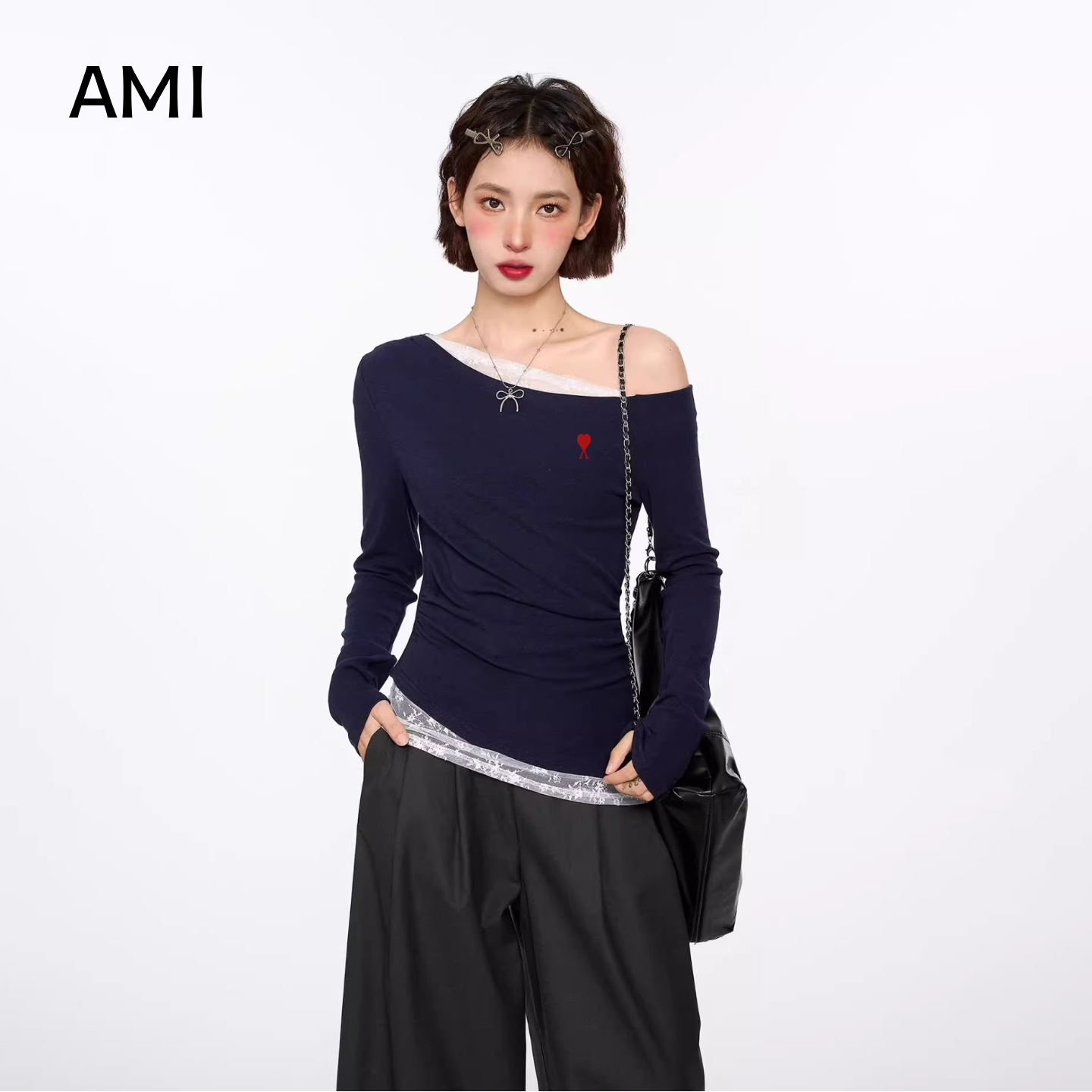 AMI美式藏青色蕾丝斜肩露
