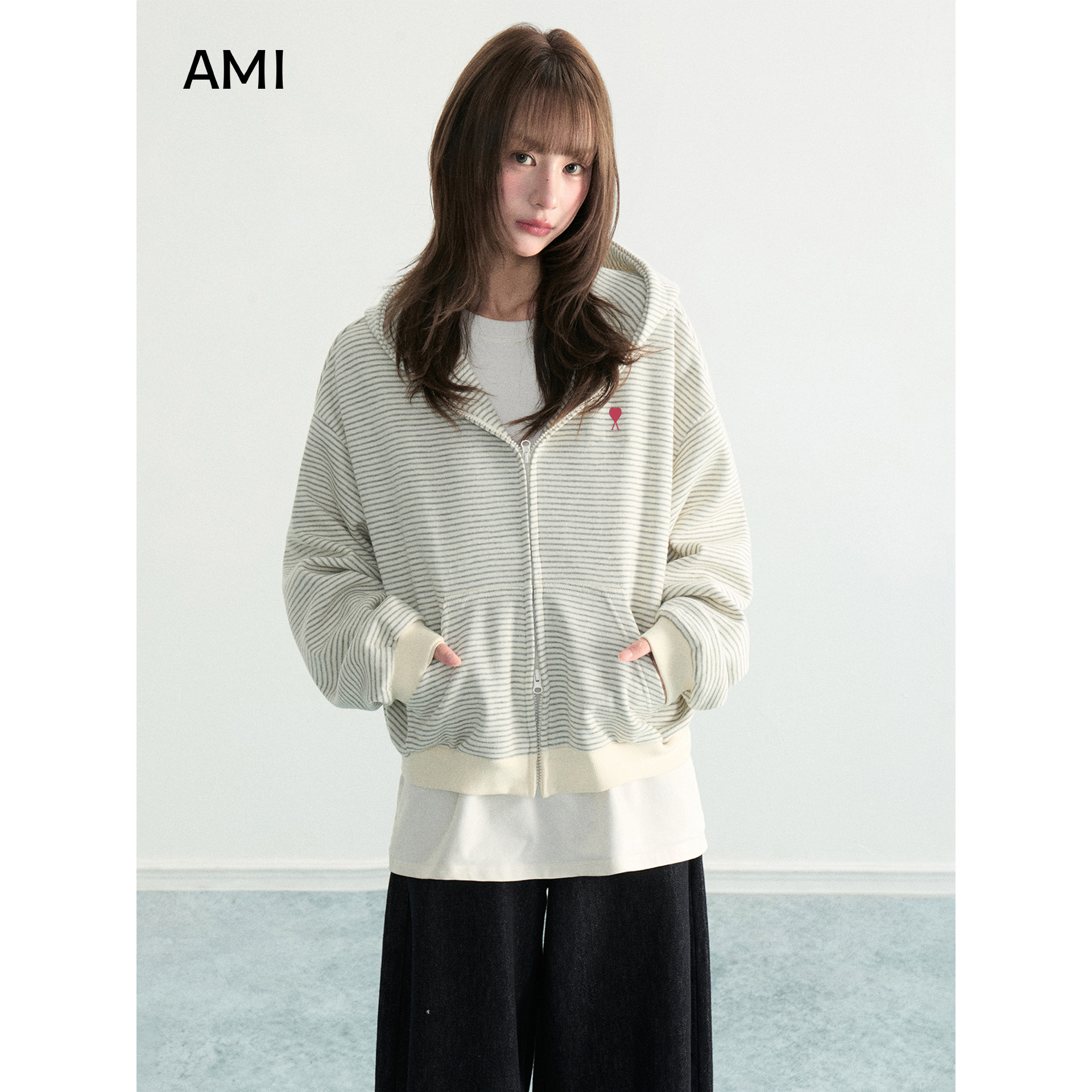 AMI美式条纹连帽卫衣外套