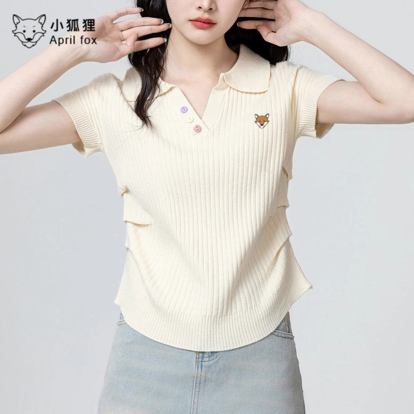 英国April Fox小狐狸收腰V领POLO领针织短袖T恤女2026夏季新款上