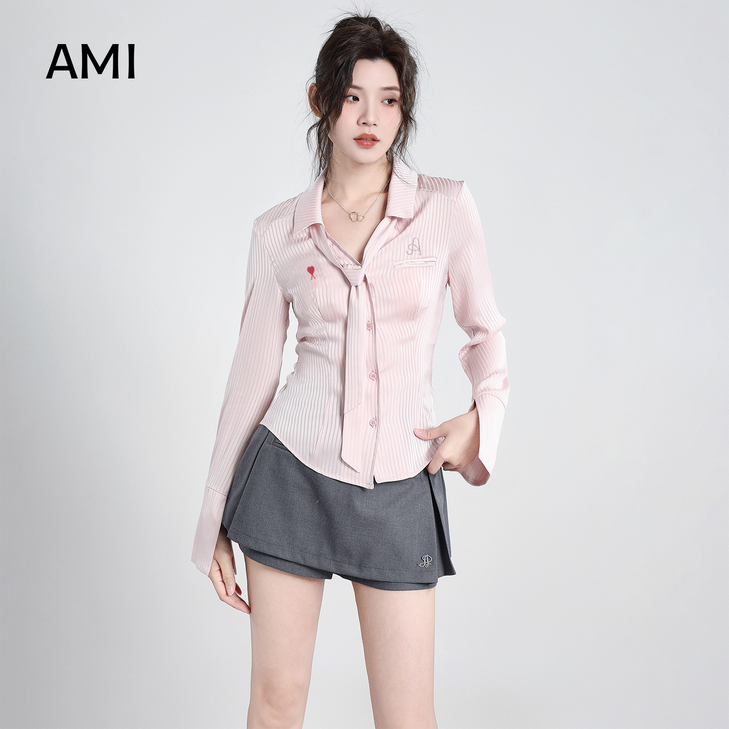 AMI美式粉色条纹长袖衬衫女春秋新款设计感修身收腰缎面衬衣上衣