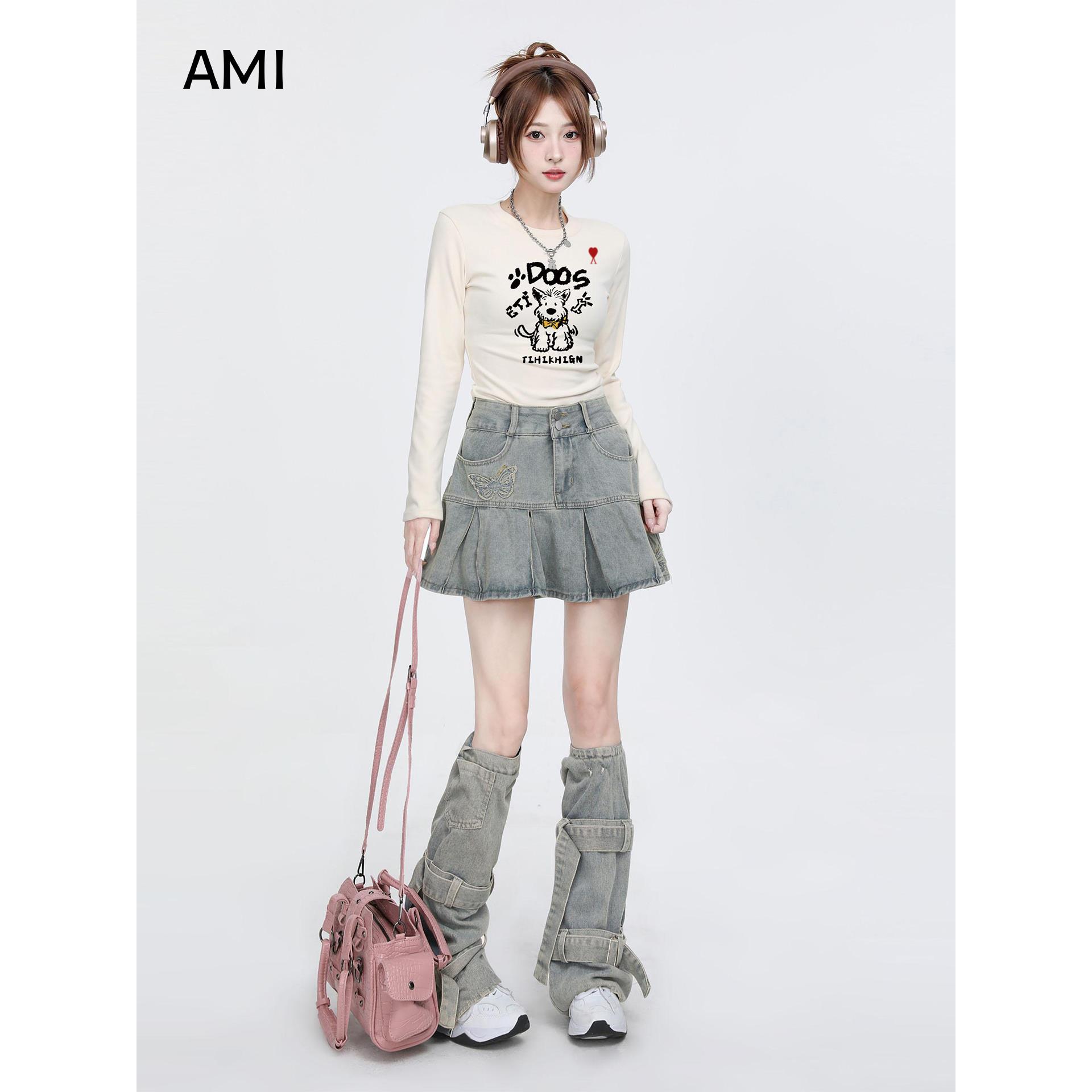 AMI美式杏色圆领长袖T恤女