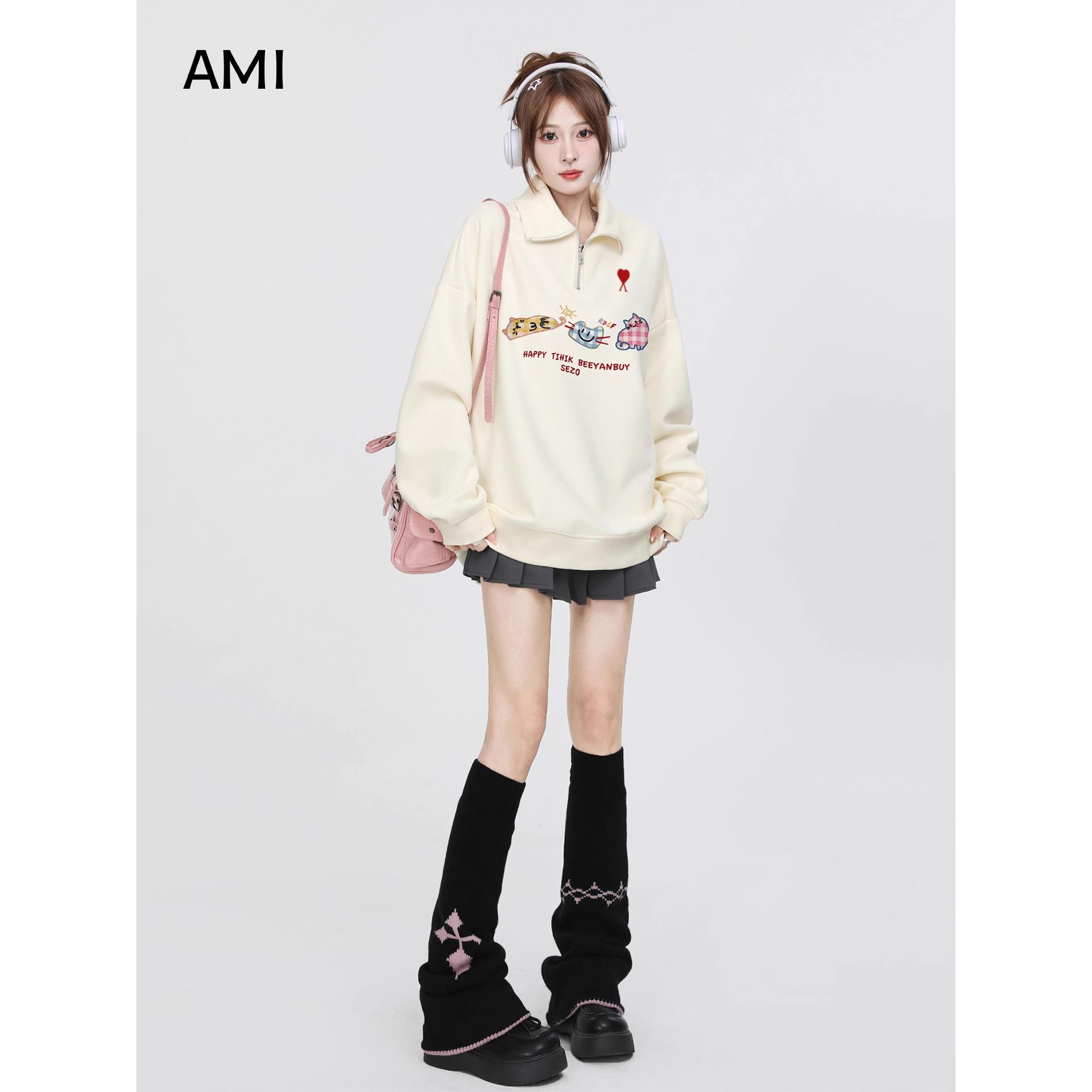 AMI美式粉色连帽卫衣外套