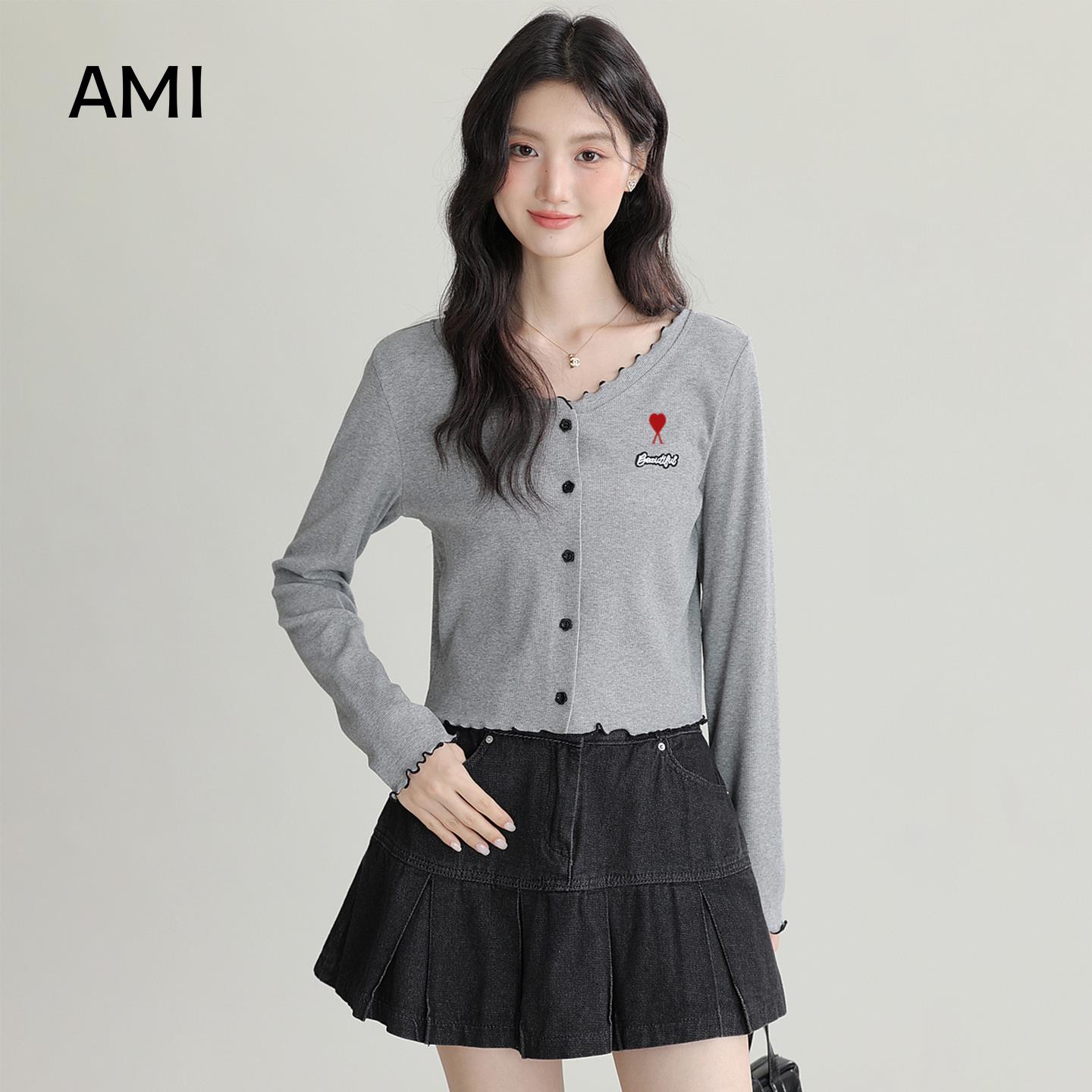 AMI美式覆古灰色长袖T恤女