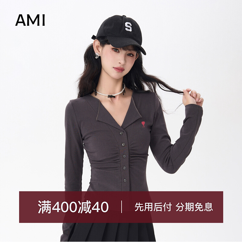 AMI女装美式灰色翻领正肩
