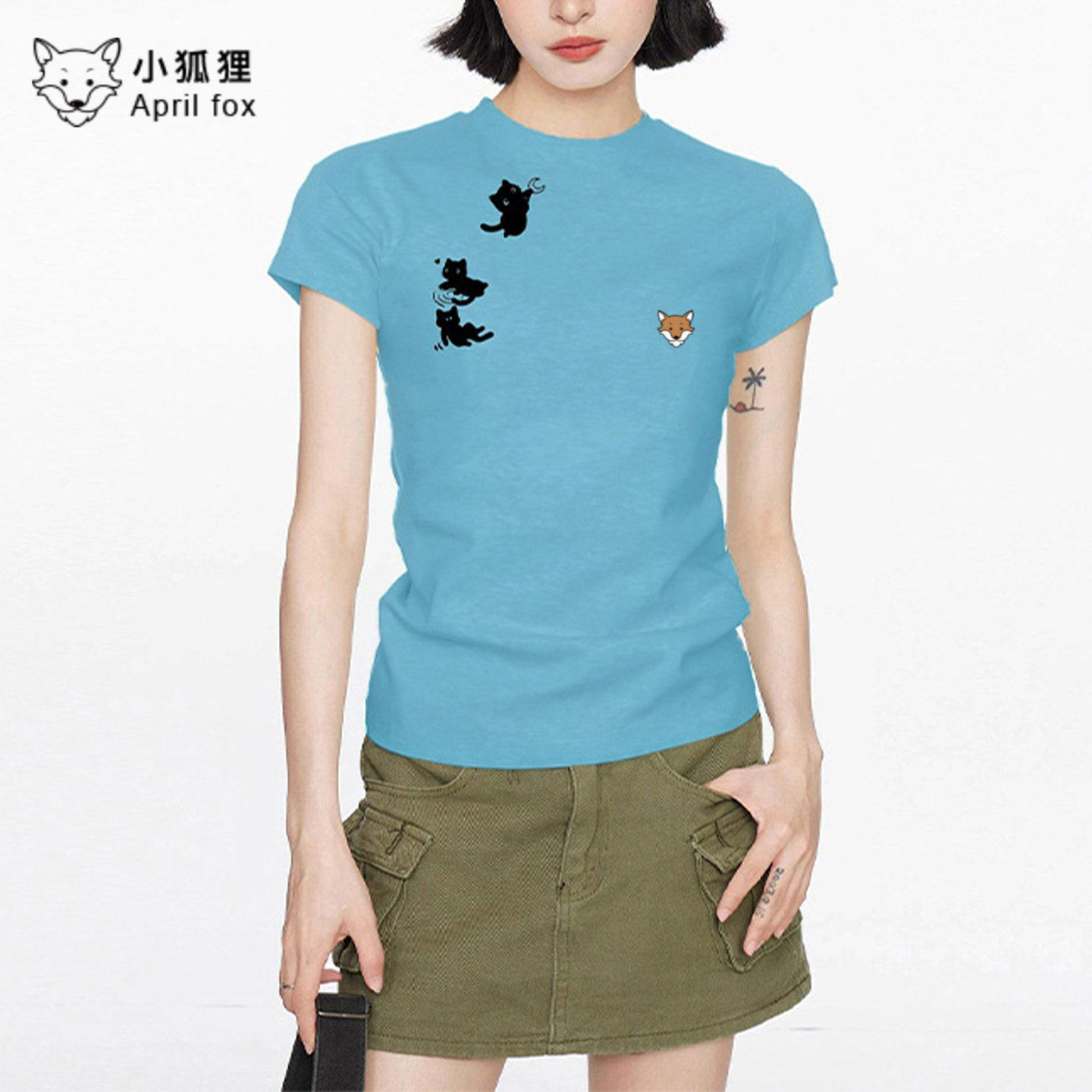 英国April Fox小狐狸2026美式猫咪印花短袖t恤女春季新款修身上衣