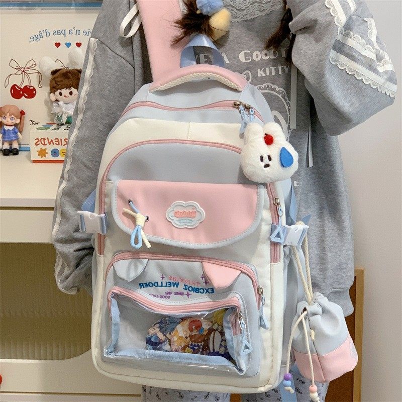 简逸包坊透明痛包双肩包背包可爱甜美防水女高中生女初中生书包女