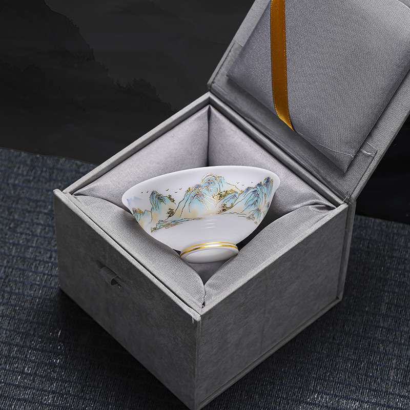 冰种玉瓷千里江山斗笠茶杯薄胎主人杯单杯茶具茶盏陶瓷功夫品茗杯