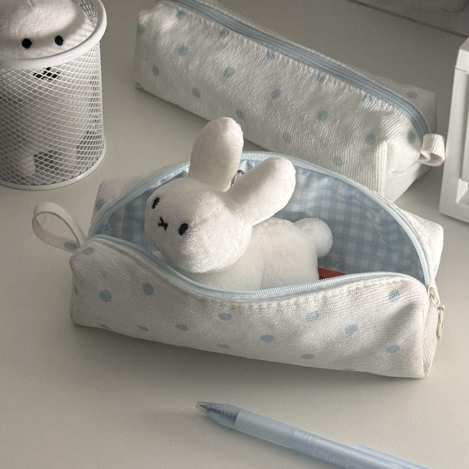 韩系ins风蓝白波点奶fufu笔袋女生高颜值铅笔盒文具袋手作化妆包