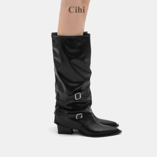 Cihi'iuzk'黑色高级感漆皮靴子女士冬季阔筒皮带方扣尖头气质长靴