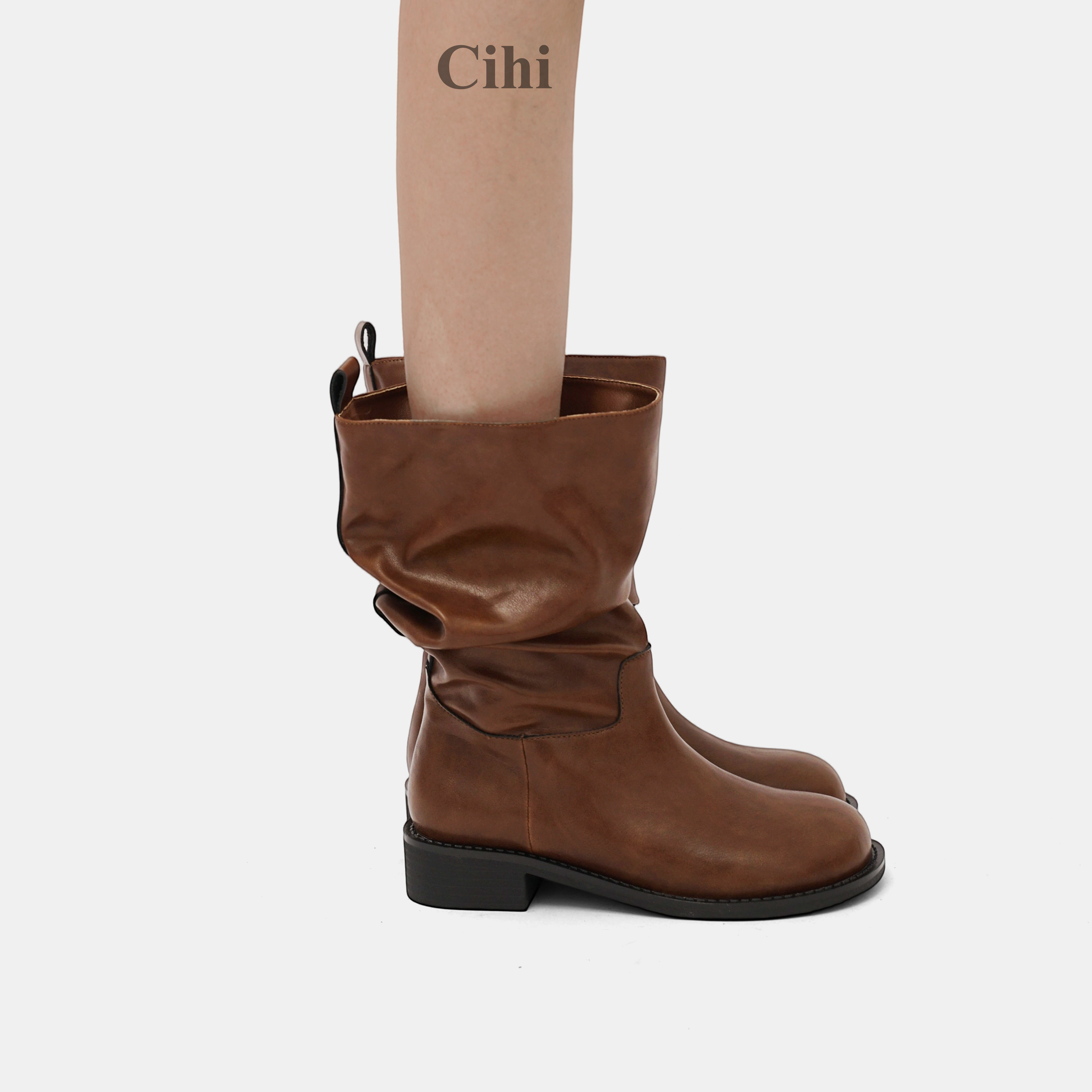 Cihi英伦风油蜡皮粗跟堆堆靴短靴