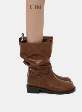 Cihi'Pluto' 褶皱设计英伦风油蜡皮粗跟堆堆靴秋季大腿围宽筒短靴