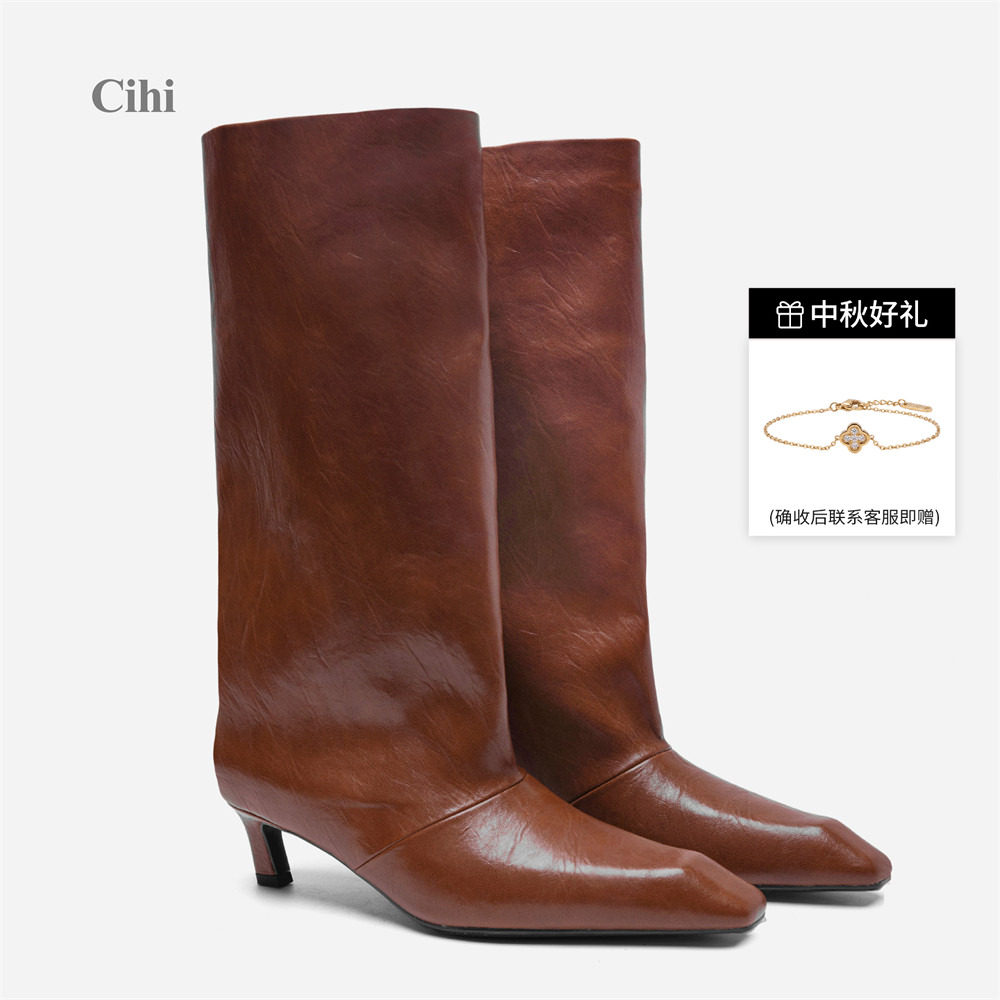 Cihi皮革切面方尖头小猫跟直筒靴