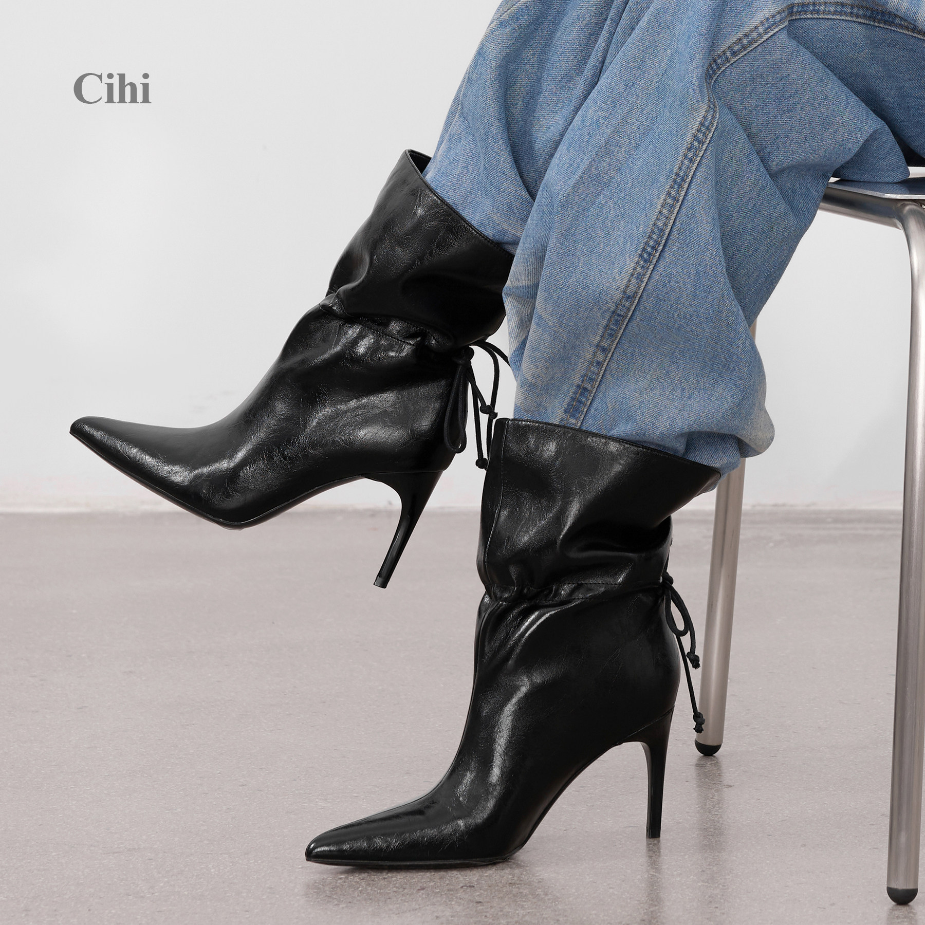 Cihi立裁褶皱双形态细高跟短靴