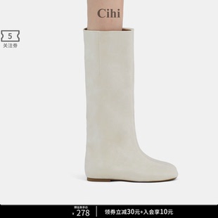 Cihi设计款'Opia' 线条主义简约内增高套筒圆头靴子女显瘦长筒靴
