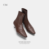 Kira 抓皱工艺 复古方头低跟短靴女款 Cihi 冬季 英伦风猫跟中筒靴