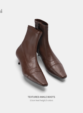 Cihi'Kira' 抓皱工艺 复古方头低跟短靴女款冬季英伦风猫跟中筒靴