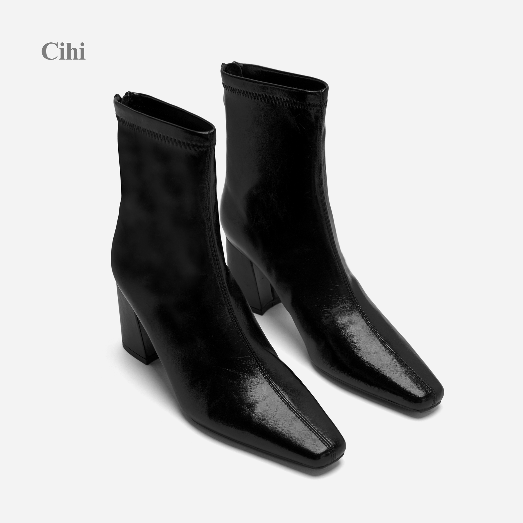 Cihi极简窄方头 重工明缝线微光漆皮肌理粗高跟瘦瘦短靴