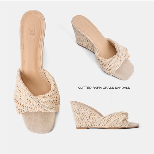 沙滩拖鞋草编外穿夏季坡跟