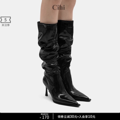 Cihi重工褶皱黑色尖头堆堆长筒靴