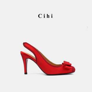 Cihi设计女鞋趾尖芭蕾纯手工高密丝缎中古锥形粗跟芭蕾浅口单鞋