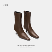 Cihi 猫跟中筒靴女 今年流行爆款 Oakmoss 侧拉链瘦瘦短靴2025新款