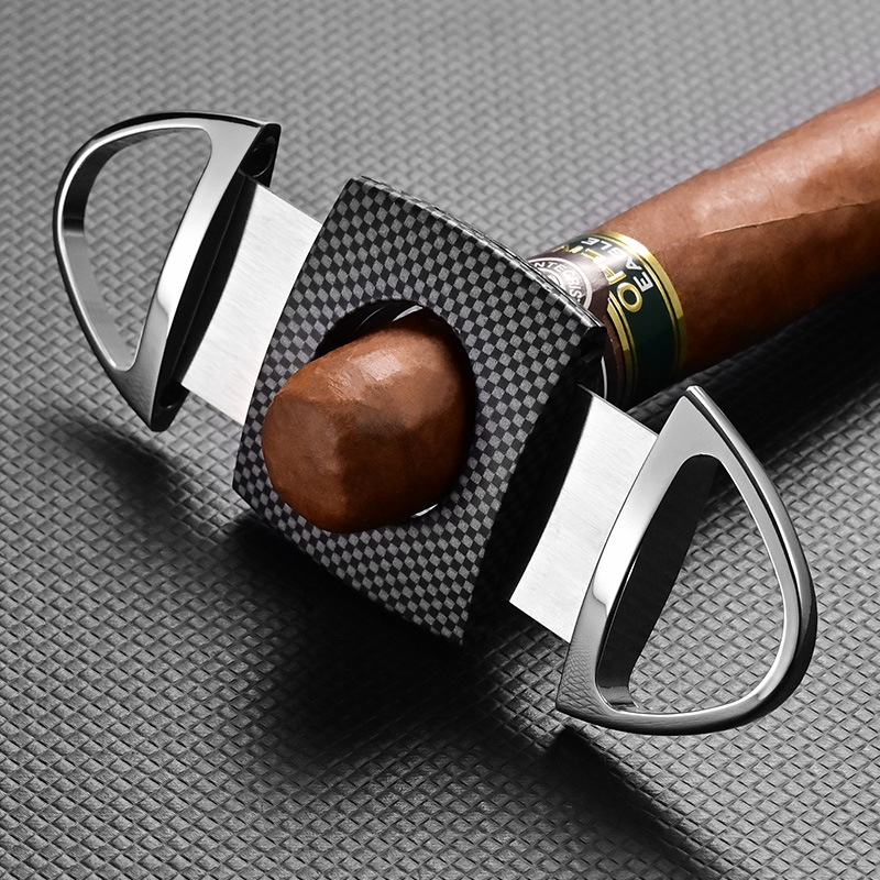 茄龙雪茄剪锋利双刃不绣钢多功能雪茄开孔器碳纤维纹式刀钳