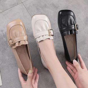 女2025新款 真皮方头大码 平底单鞋 夏季 女鞋 脚胖宽肥孕妇休闲小皮鞋
