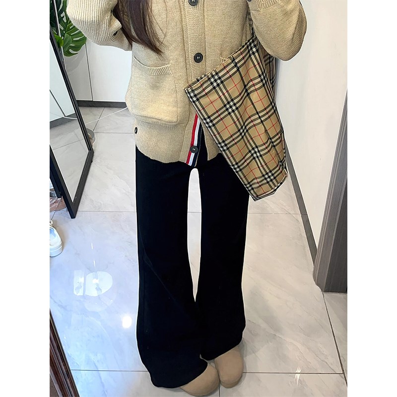 黑色微喇牛仔裤女秋季新款胖妹妹mm梨形身材高腰显瘦弹力直筒长裤