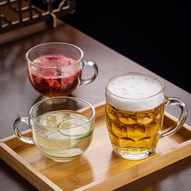 玻璃杯扎啤杯耐热耐高温泡茶杯家用水杯带把手大号防爆杯子啤酒杯