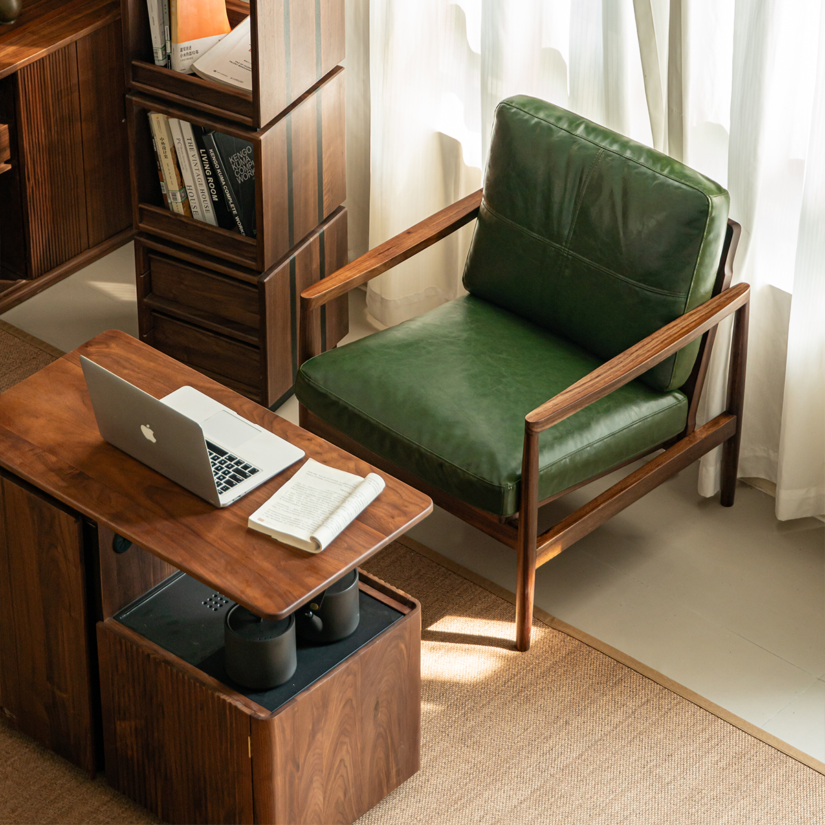 即品乌金木休闲椅沙发椅轻奢高级实木真皮单人扶手椅北欧风客厅