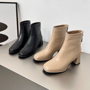 1001-65B新款6cm4cm跟高粗跟后拉链短靴瘦瘦靴春秋方头百搭英伦风