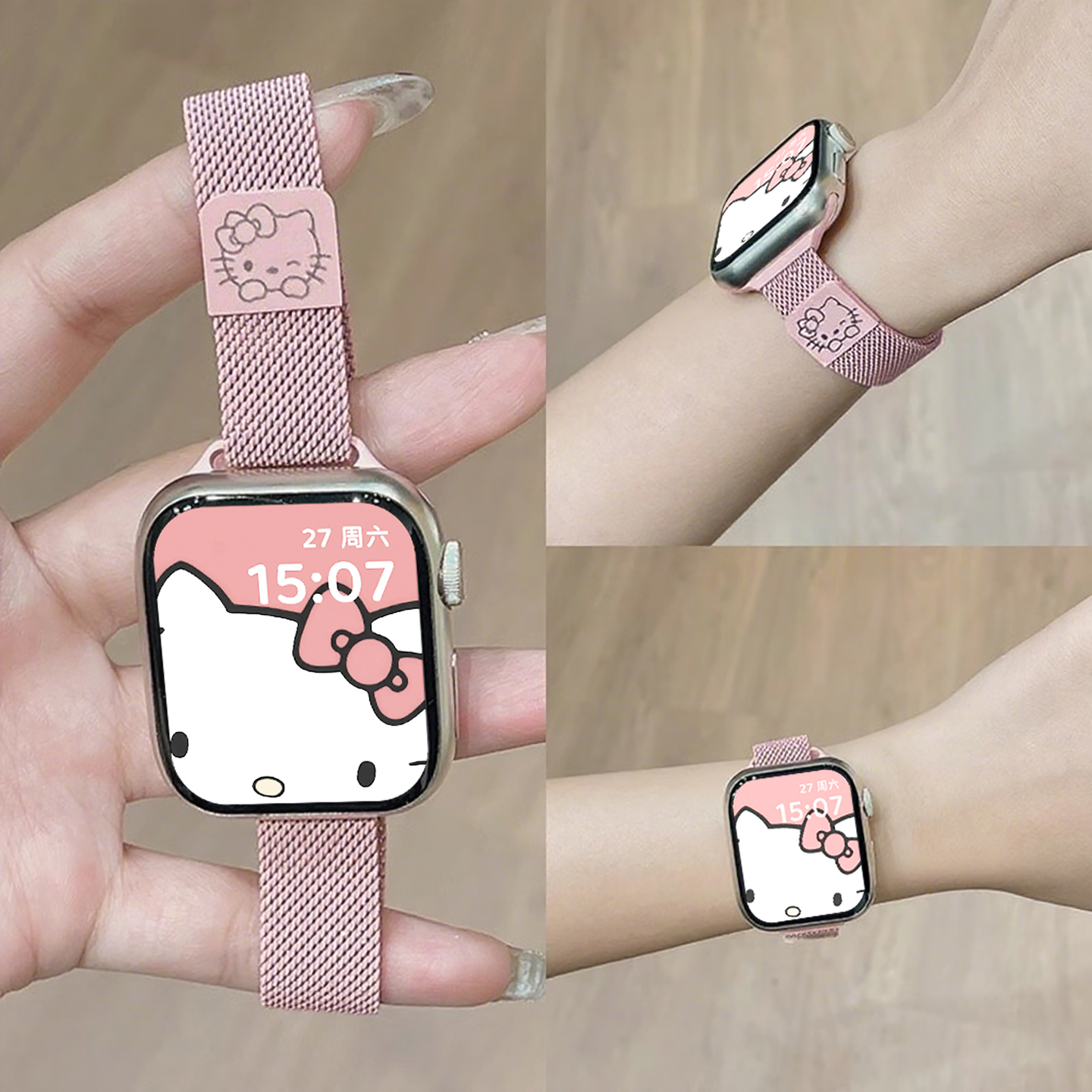 适用于苹果手表表带iwatchs10细款米兰尼斯磁吸applewatchs9/s8女款可爱KT猫se金属手表带Ultra2夏季高级腕带