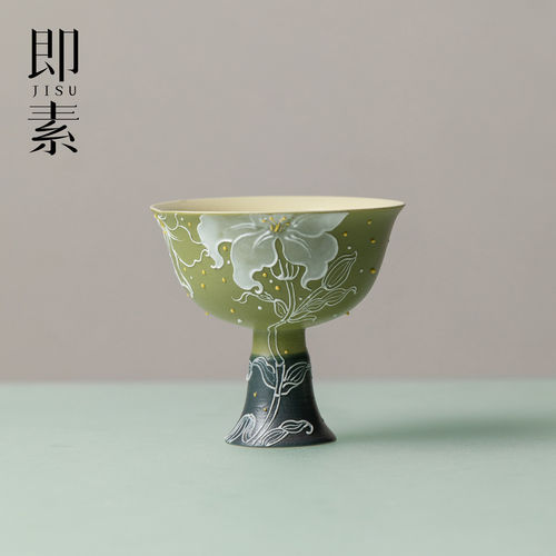 即素青野仿宋手绘白百合高足杯