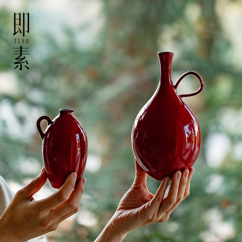 即素赭梦红朱原创手工花器复古粗陶花瓶日本花道插花客厅茶几摆件