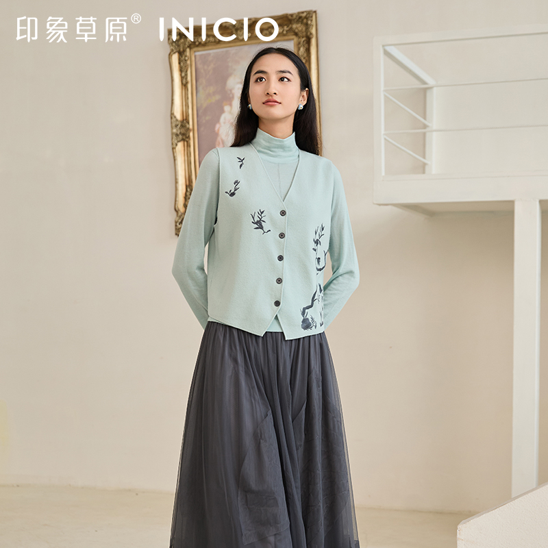 印象草原V领刺绣针织开衫女马甲